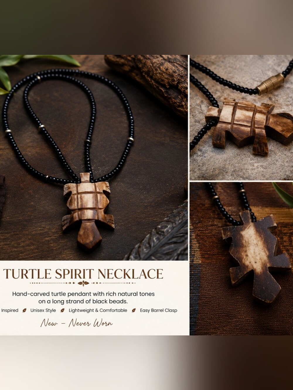 Turtle Spirit Necklace - Black Bead Strand with Hand-Carved Wood Pendant
